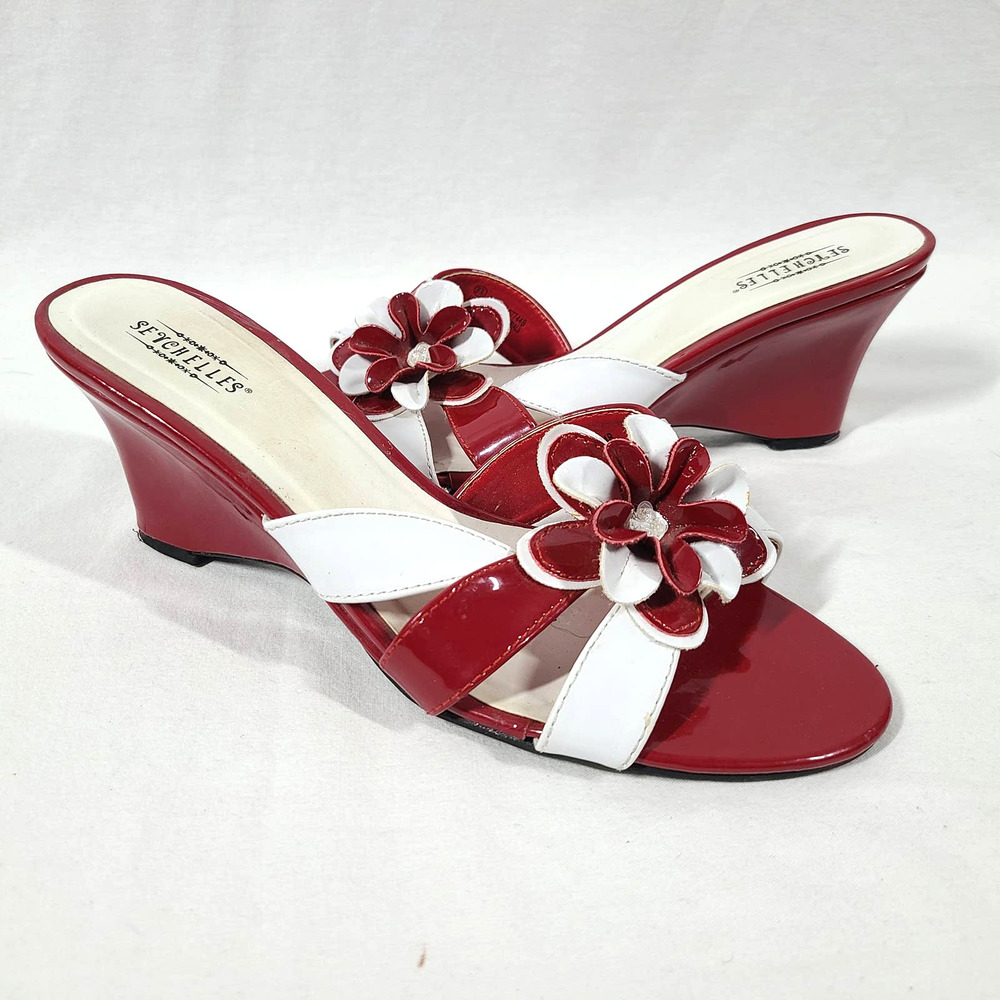 Seychelles Boca Wedge Sandal Flower Vamp Patent Finish Red White 8.5M